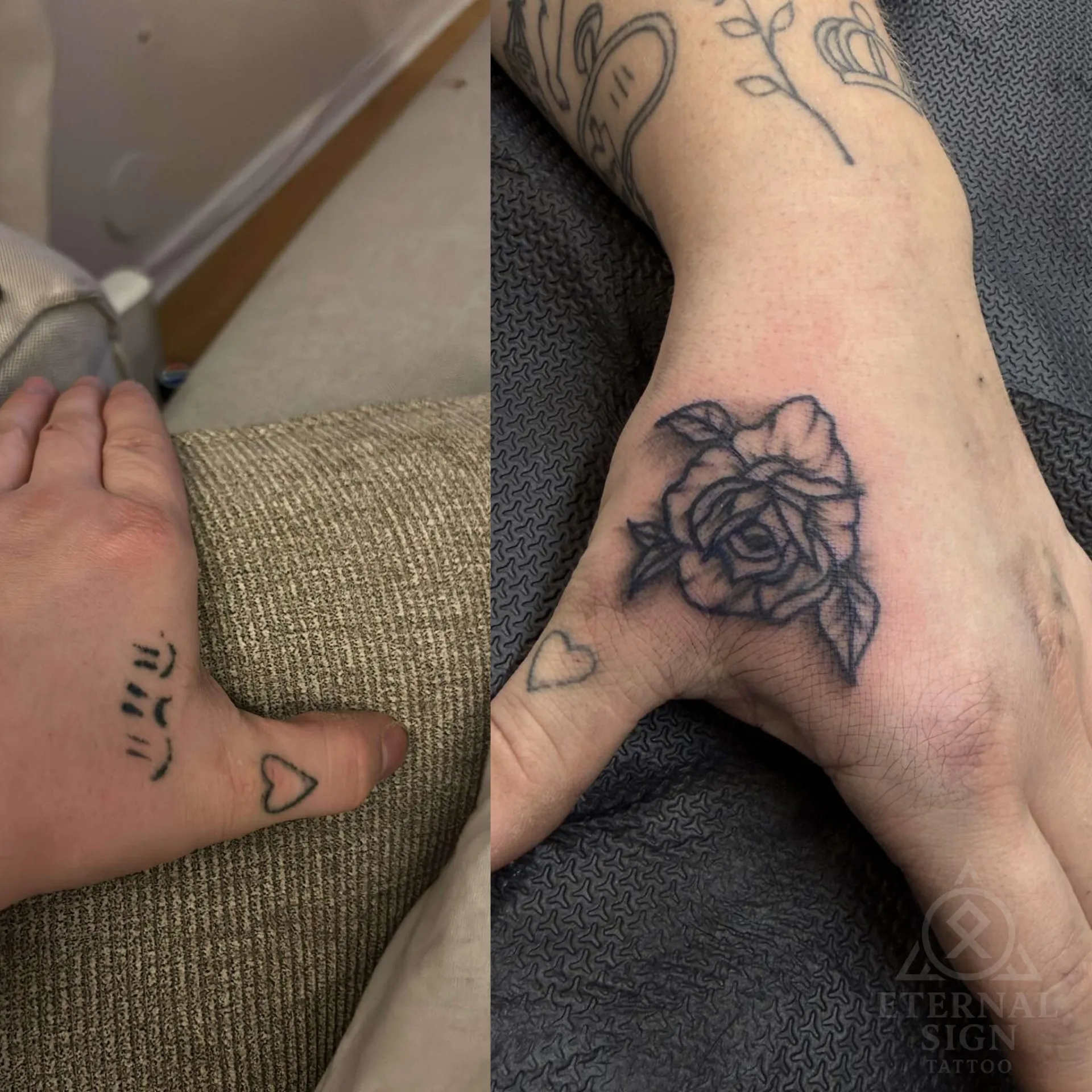 Cover-up tatovering på hånd i Fredrikstad – før og etter: gammel tatovering dekket med en svart rose