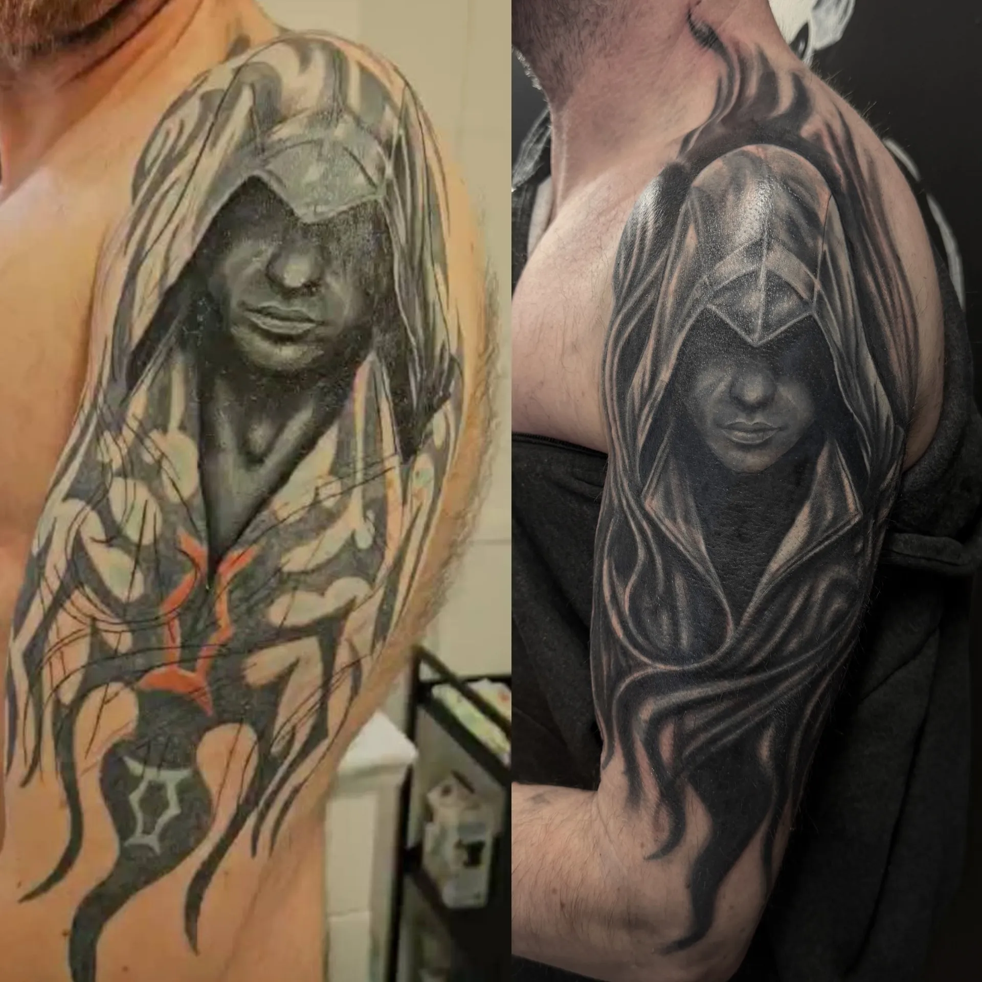 Cover-up tatovering på skulder i Fredrikstad – før og etter: falmet motiv dekket med black and grey-portrett med hette