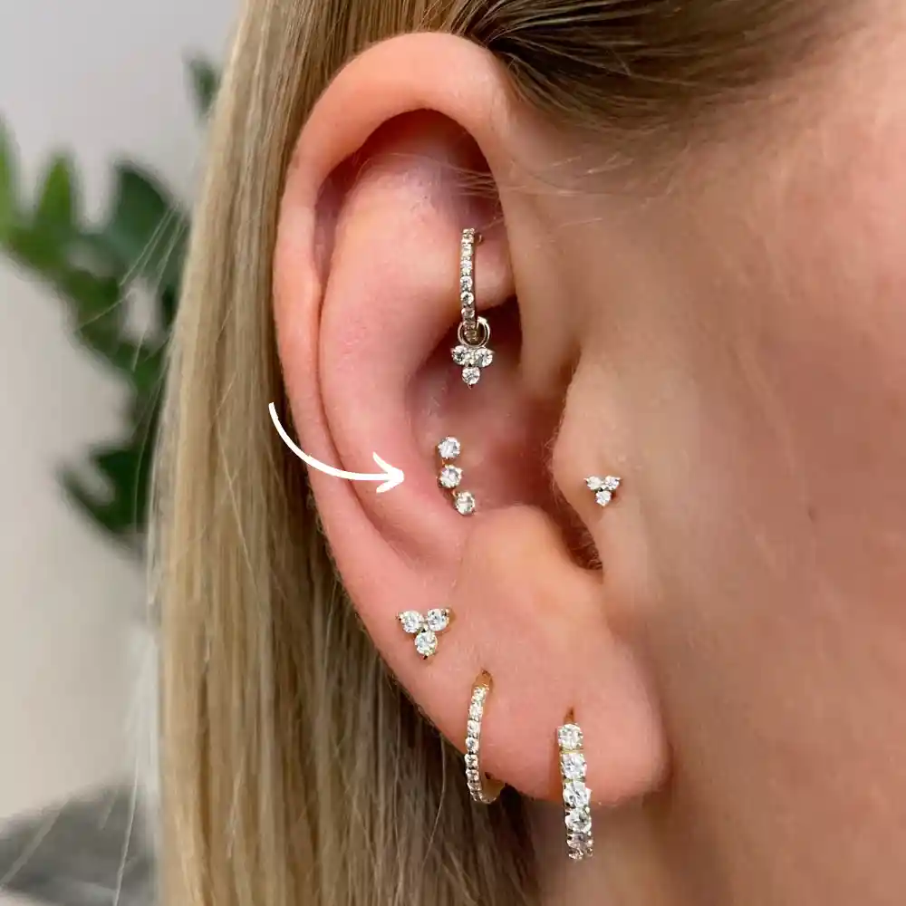 Conch piercing i midtre ørebrusk med titansmykke, utført hos Eternal Sign i Fredrikstad
