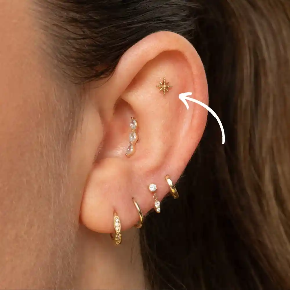 Flat piercing i den flate ørebrusken øverst i øret, Eternal Sign Fredrikstad